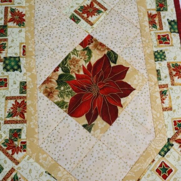 Christmas Table Runner Poinsettia Table Linen Sparkly Red Trim 51.5"x15.5" - Picture 3 of 6